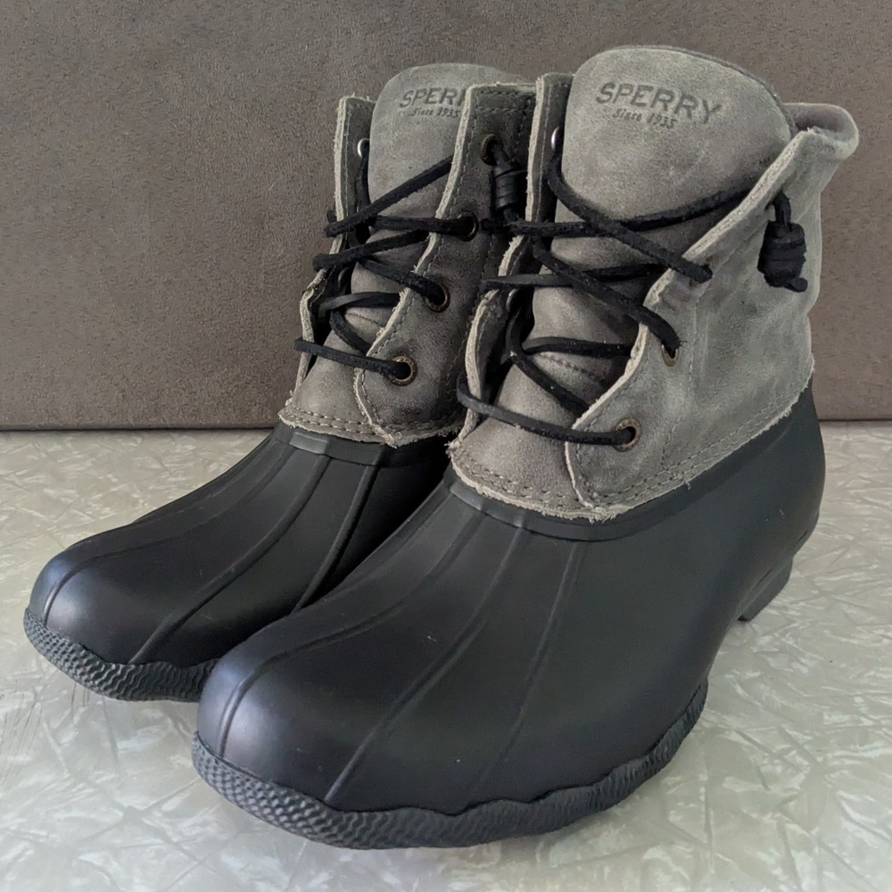 Sperry Saltwater Suede Duck Boots Women 8 Black Gray Tan Taupe Waterproof